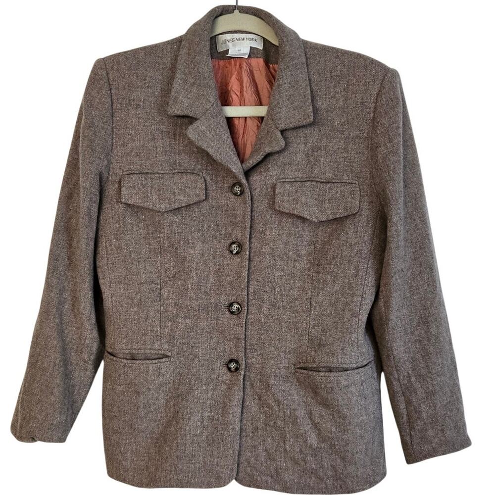 Y2K Jones New York Vintage Tweed Wool Blazer Jacket Four‑Button Front Size 12